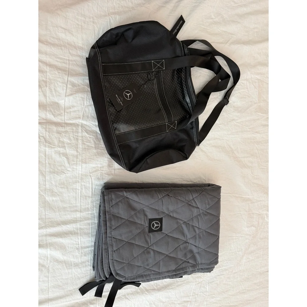 Mercedes Benz Duffel Bag and Quilted Blanket Travel Set Black Gray NWT